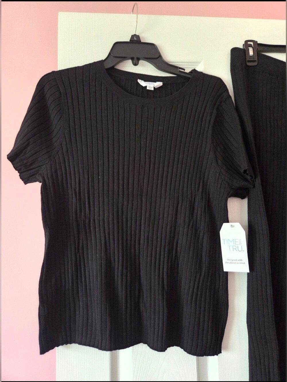 Time and Tru Womens Black Ribbed Knit Top & Pants Set Size L NWT - Picture 2 of 6